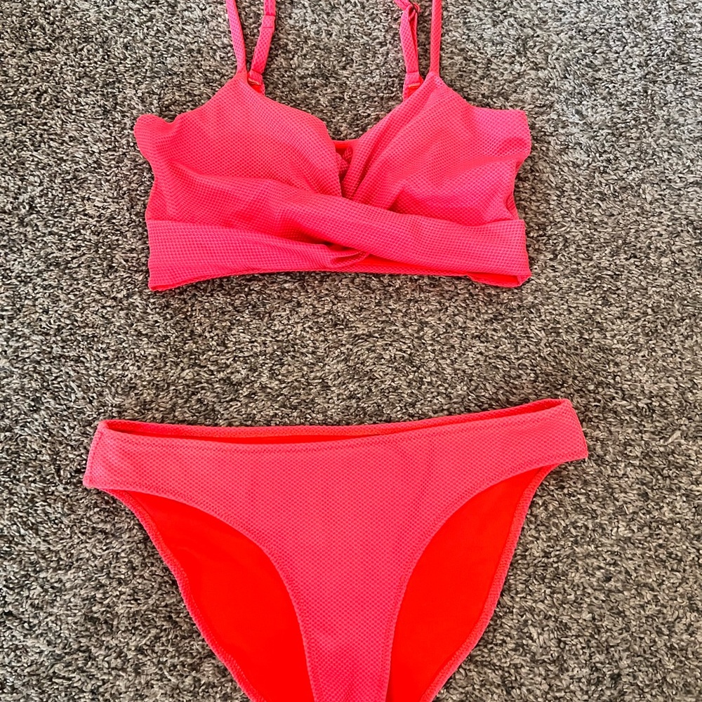 Aerie Shine Pique Pink Bikini Set Twist Front Textured Swim, SMALL